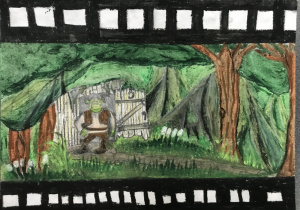 Kadr z filmu: animowanego: „ Shrek 5” Shrek stojący przed swoim domem. W tle widoczny las. Rysunek wykonany pastelami olejnymi.